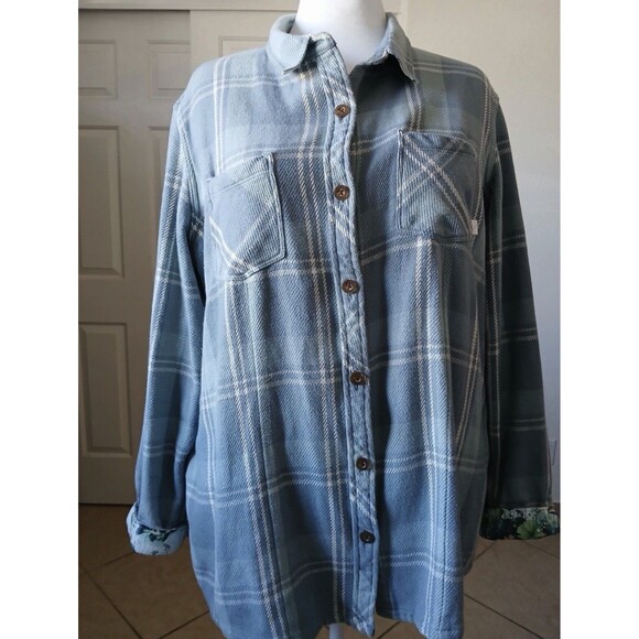 Pladra Plaid Frannel Short Women's 2XL Button Front Long Sleeve Blue Outdoorsy - Picture 2 of 15